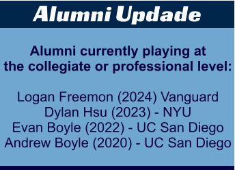 Alumni Updade Alumni currently playing at the collegiate or professional level:  Logan Freemon (2024) Vanguard Dylan Hsu (2023) - NYU Evan Boyle (2022) - UC San Diego Andrew Boyle (2020) - UC San Diego