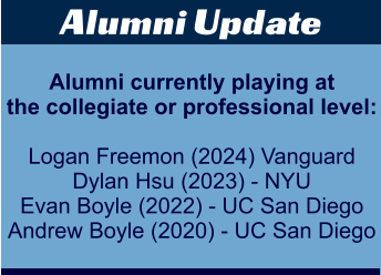 Alumni Update Alumni currently playing at the collegiate or professional level:  Logan Freemon (2024) Vanguard Dylan Hsu (2023) - NYU Evan Boyle (2022) - UC San Diego Andrew Boyle (2020) - UC San Diego