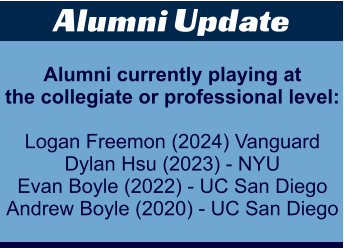 Alumni Update Alumni currently playing at the collegiate or professional level:  Logan Freemon (2024) Vanguard Dylan Hsu (2023) - NYU Evan Boyle (2022) - UC San Diego Andrew Boyle (2020) - UC San Diego