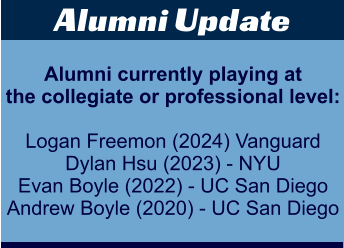 Alumni Update Alumni currently playing at the collegiate or professional level:  Logan Freemon (2024) Vanguard Dylan Hsu (2023) - NYU Evan Boyle (2022) - UC San Diego Andrew Boyle (2020) - UC San Diego
